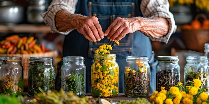 Hands organizing natural herbs into jars for stress management workshop using rhodiola. Concept Herbal Workshop, Stress Management, Rhodiola, Natural Remedies, Wellness Retreat