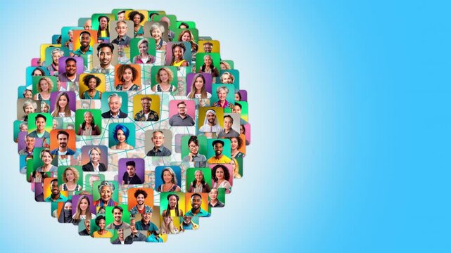Sphere of diverse people. Loop with copy space. Social network or business team. All people are fictitious AI generated images.