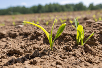 corn sprouts in sunny spring weather
