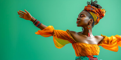Fototapeta premium A Black woman gracefully dances in traditional attire with vibrant colors, expressing cultural beauty and elegance against a green background