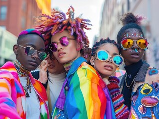 Fototapeta premium group of young LGBTQ teen mix gender ethnicity lively active together fun laugh smiling joyful cheerful, colorful people rainbow theme, fashionable hair style with sunglasses.