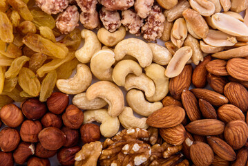 Pile of mixed nuts texture or background.