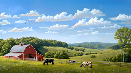 Peaceful rural scene with a red barn, grazing cows, and rolling green hills under a bright blue sky, capturing pastoral charm and simplicity.


