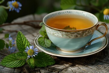 Elegant Teacup with Herbal Tea and Fresh Mint Leaves