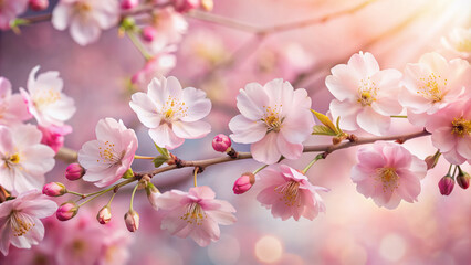 Soft pink cherry blossoms bloom against a serene Japanese-inspired background, delicate petals unfolding in vertical composition, evoking a sense of tranquility and natural beauty.