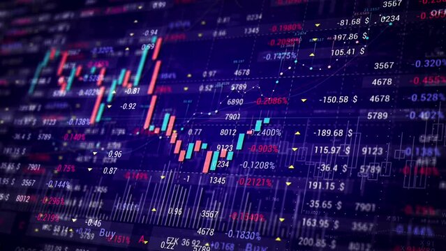 Investment stock market blue Trading platform screen HUD. Stock chart, candles, index data pattern.3