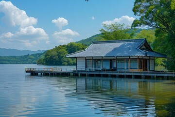 Obraz premium It is a neat water pension built in Asian style with a walkway connected to the land on a large lake.
