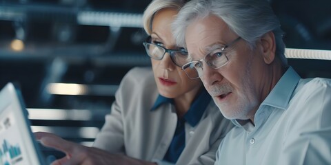 Middleaged couple in futuristic attire research retirement savings plans on a tablet. Concept Futuristic Attire, Retirement Savings, Middle-aged Couple, Tablet, Financial Planning