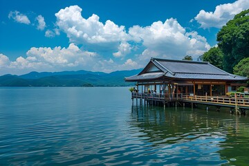 Naklejka premium It is a neat water pension built in Asian style with a walkway connected to the land on a large lake.