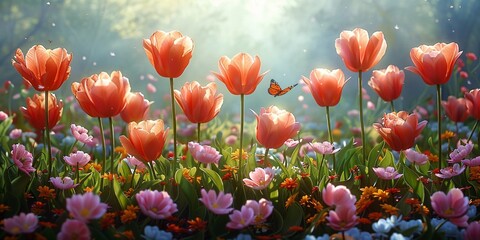 A bright spring garden filled with bright flowers and the rejuvenating energy of nature