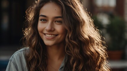 Fototapeta premium Radiant Young Woman with Flowing Hair and Captivating Smile