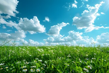 Obraz premium Landscape of a clear blue sky with clouds and a wide, flat field with wild grass growing on it