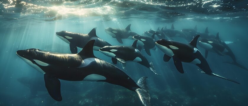 A pod of killer whales swimming in the sea