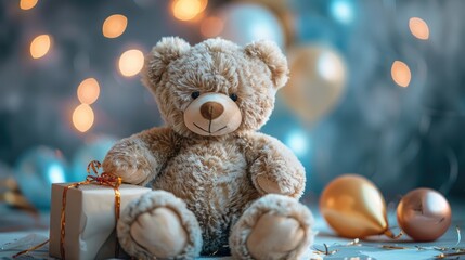 Cute teddy bear with gift and happy birthday sample