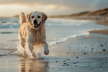 Pet brown dog happily splashing and running on the beach