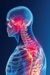 Digital illustration of an X-ray of the spine showing painful and reddened areas of bones or joints on the side of a person's torso