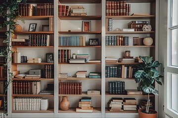 Cozy Home Library with Wooden Shelves and Potted Plants