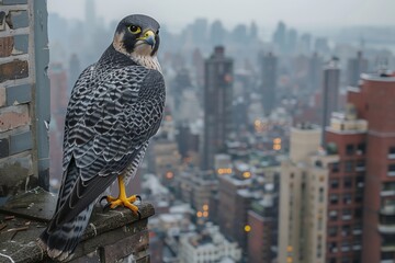 Peregrine Falcon in the City- A peregrine falcon perches on a high ledge of a skyscraper