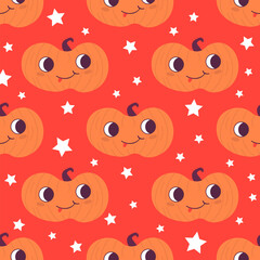 Seamless pattern of cute cartoon pumpkins and stars on red background. Halloween design for kids party, wrapping paper, fabric, textile, children prints.