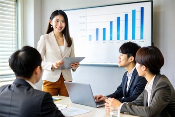 Asian Businesswoman Presenting Budget Analysis in Meeting	

