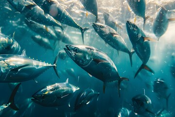 Fototapeta premium Schools of tuna swimming in harmony in the deep sea