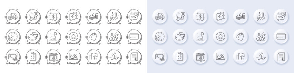 Decreasing graph, Electricity price and Graph chart line icons. White pin 3d buttons, chat bubbles icons. Pack of Payment message, Savings, Donation money icon. Vector