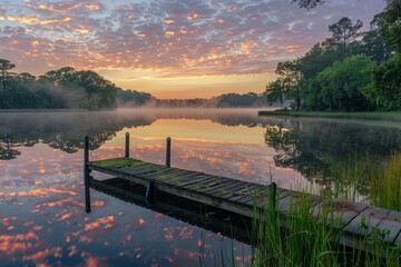 Sunrise over a serene lake with a wooden pier and mist