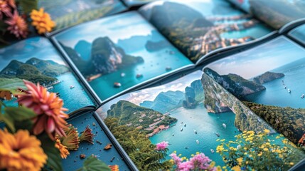 An artistically arranged series of travel brochure templates capturing breathtaking landscapes and cultural experiences.