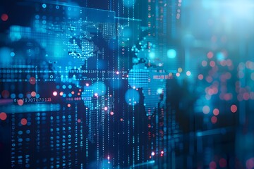 Obraz premium Background image with world map graphically drawn in blue, digital technology image glowing with digital light