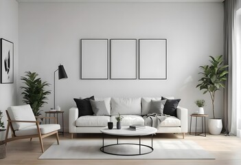Minimalist Modern Living Room with White Sofa and Green Plants