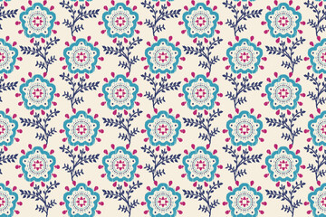 Ikat floral paisley embroidery seamless pattern on background. Ikat ethnic flower oriental pattern traditional. Aztec style abstract vector illustration. design for ikat floral fashion fabric,clothing