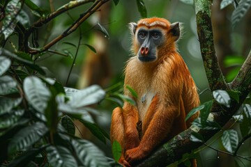Obraz premium Proboscis Monkey in Borneo- A proboscis monkey sits on a tree branch high above the forest floor in Borneo