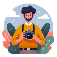 Isolated flat-style illustration of photographer with camera on white background. Man photographer character. 