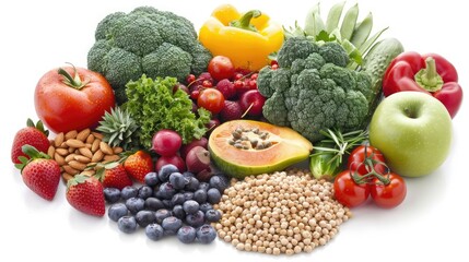 Heart-healthy food selection on a white background. Fresh fruits, vegetables, nuts, and grains for a healthy life.