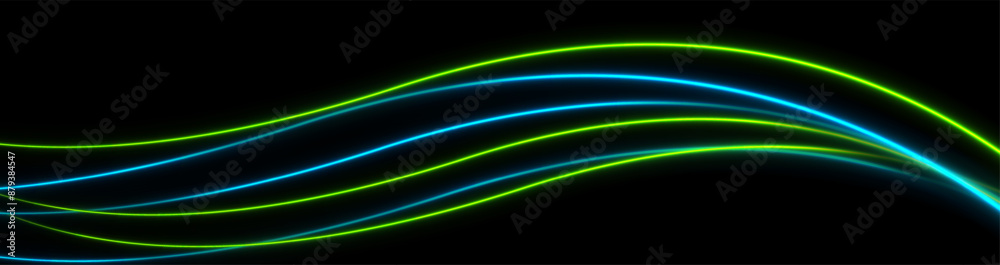 Poster bright green and blue neon wavy lines abstract shiny retro background. futuristic glowing vector ban
