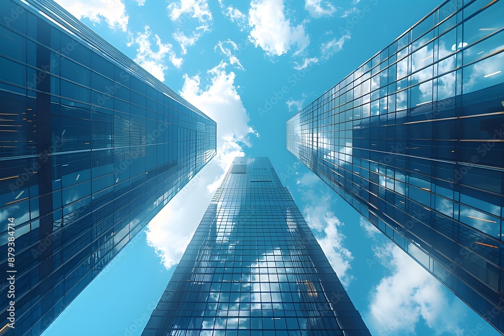 Wall mural A view of the sky while looking up at a tall building made entirely of glass in the middle of a forest of buildings in a large city.