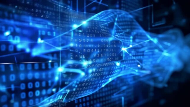 Futuristic digital hand made of glowing lines and binary code, symbolizing artificial intelligence, technology, and data analysis.