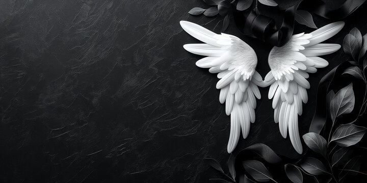 White angel wings on a black background with leaves and ribbon in a memorial, obituary and necrology concept with copy space.