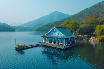 Naklejka premium This is a neatly built water pension with a walking path connected to the land on the shore of a large lake.