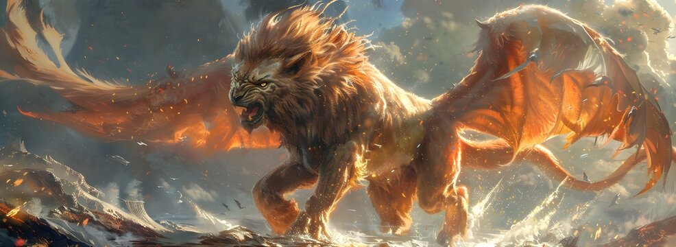 The majestic roaring appearance of the manticore, an imaginary animal with the body and head of a male lion and large wings.