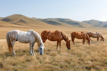 Obraz premium Przewalski's Horse in the Steppe- A herd of Przewalski's horses grazes peacefully on the vast steppes of Mongolia