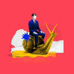 Surreal collage of a businessman riding a snail, symbolizing slow economic growth, bureaucracy, or delayed financial results.