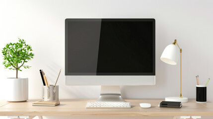 Fototapeta premium A mockup of a computer in a minimalistic interior. There is a modern computer monitor, a lamp and a potted plant on the wooden desk. There is order and cleanliness on the table