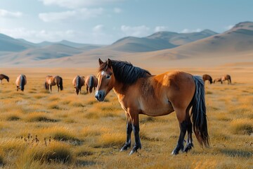 Obraz premium Przewalski's Horse in the Steppe- A herd of Przewalski's horses grazes peacefully on the vast steppes of Mongolia