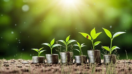 Green plants growing from stacks of coins in soil.