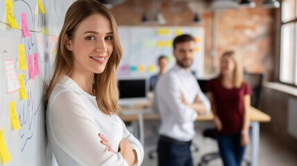 A team brainstorming ideas on a whiteboard in an open office space.