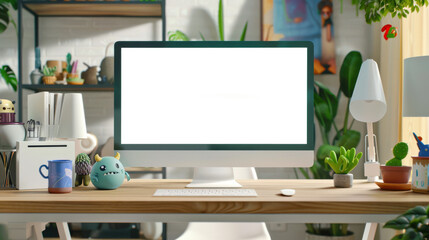 Mockup is a modern computer monitor. On a stylish wooden table there is a computer monitor, a green plant, a monster figurine, a lamp, a cup, a keyboard and a mouse. 