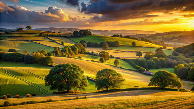 Warm golden light of setting sun casts long shadows across rolling hills and tranquil fields of Hardwick, England, on a serene summer evening.