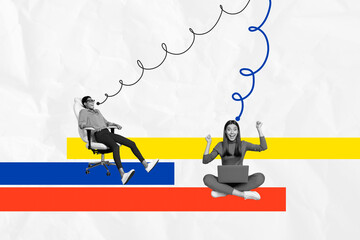 Trend artwork composite 3D collage of copyspace office manager coworking two young lady sit armchair down floor work laptop wire control