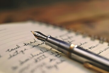 Elegant Fountain Pen Resting on Handwritten Notes in a Notebook